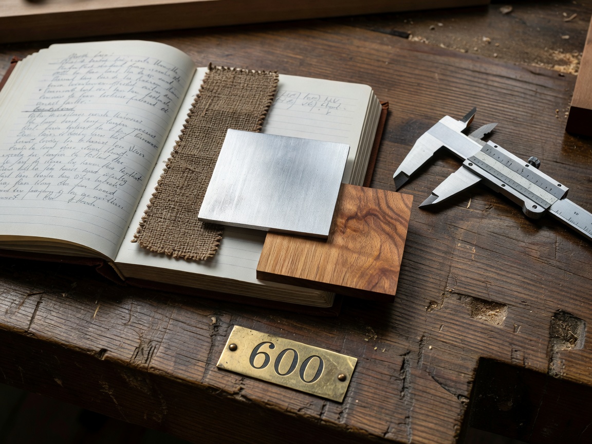 Craftsman logbook with inspection notes, material swatch samples, and precision calipers