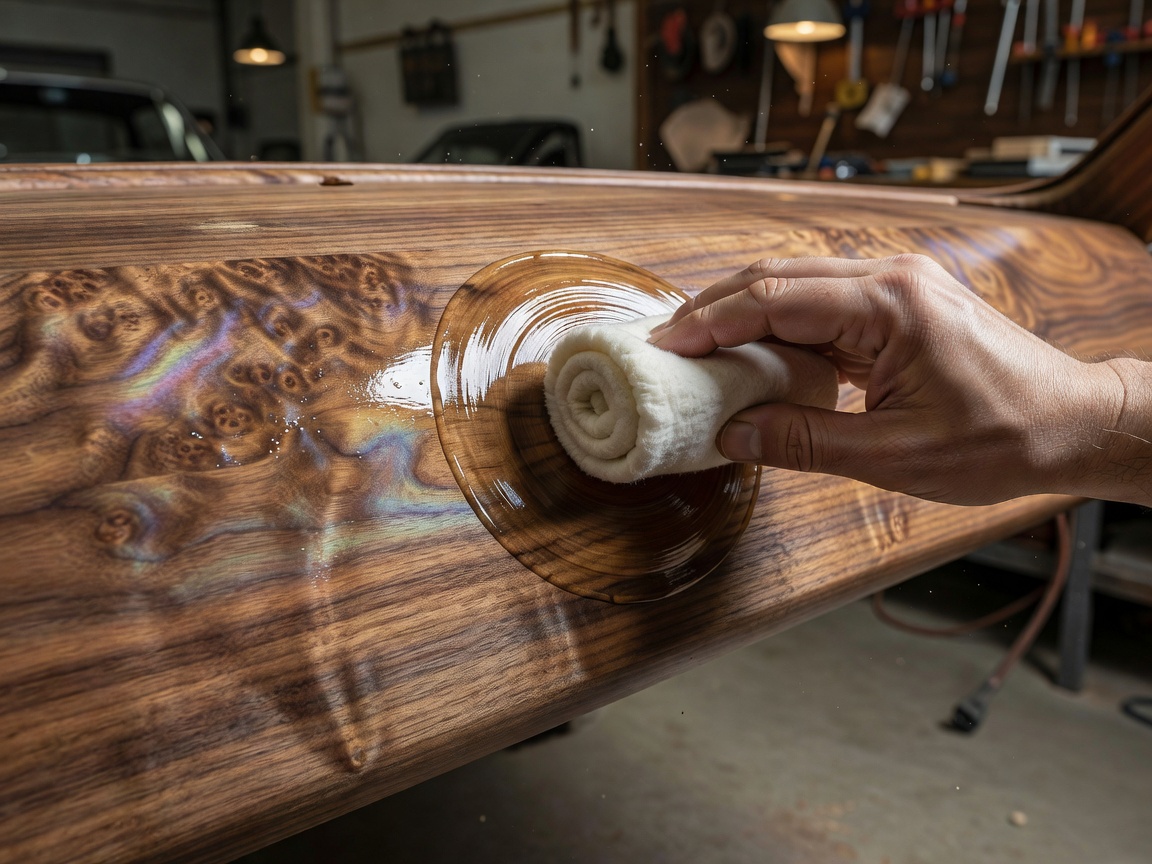 Detailed close up of fine wood veneer dashboard panel undergoing hand french polishing in an automotive studio