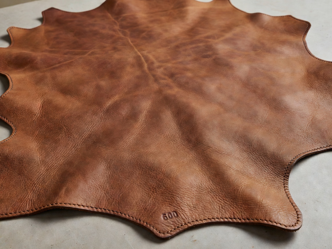 Full-grain vegetable-tanned automotive leather hide showing natural grain texture and precise edge stitching