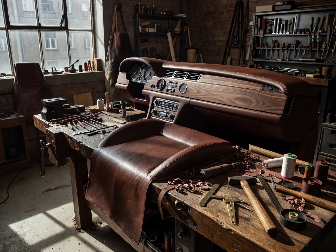 Master automotive craftsman workshop with hand-stitched leather upholstery and bespoke timber dashboard elements