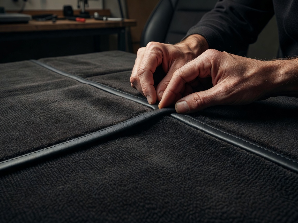 Master trimmer carefully binding edge of 100 percent British Wilton wool automotive carpet with matching leather tape