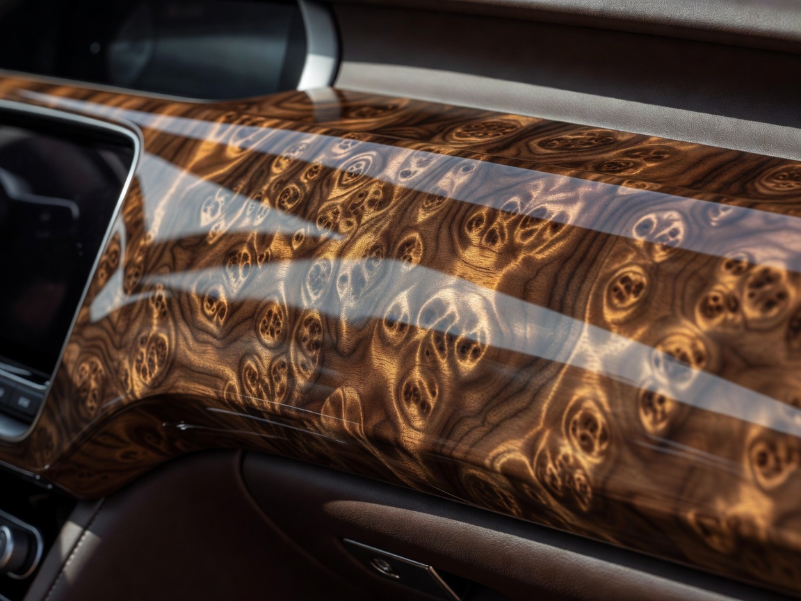 Polished burr walnut dashboard trim showing depth of grain and natural timber chatoyancy
