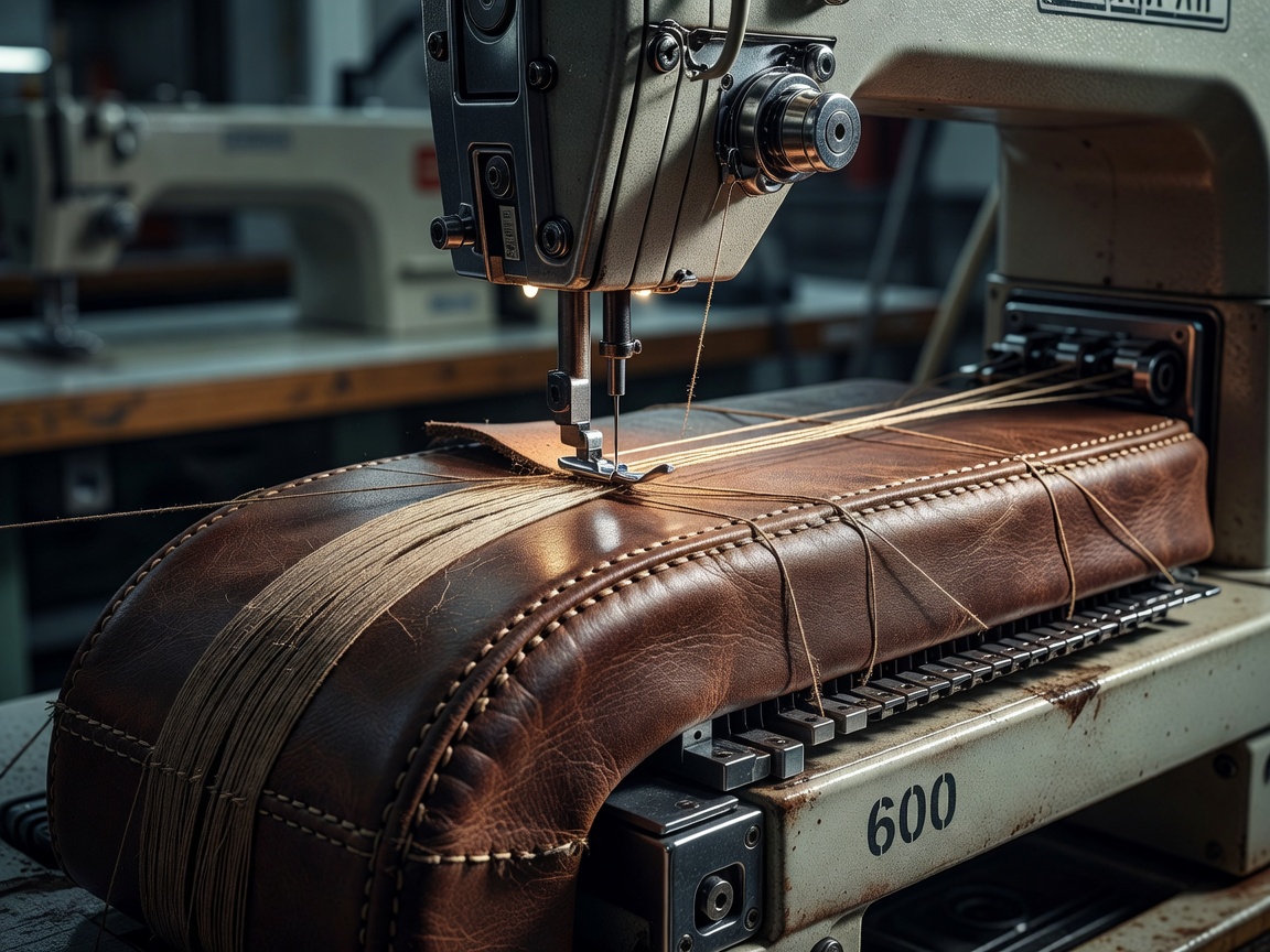 Precision industrial sewing machine stitching thick leather automotive seat bolsters with heavy gauge thread