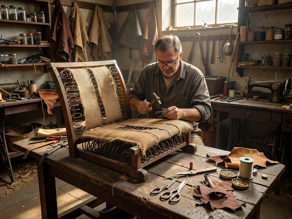 Specialist artisan working on an antique automobile interior seat structure inside a workshop