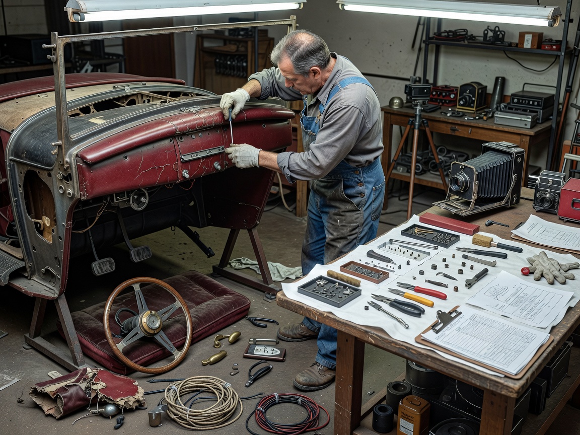 Specialist dismantling and systematically documenting historic automobile interior components