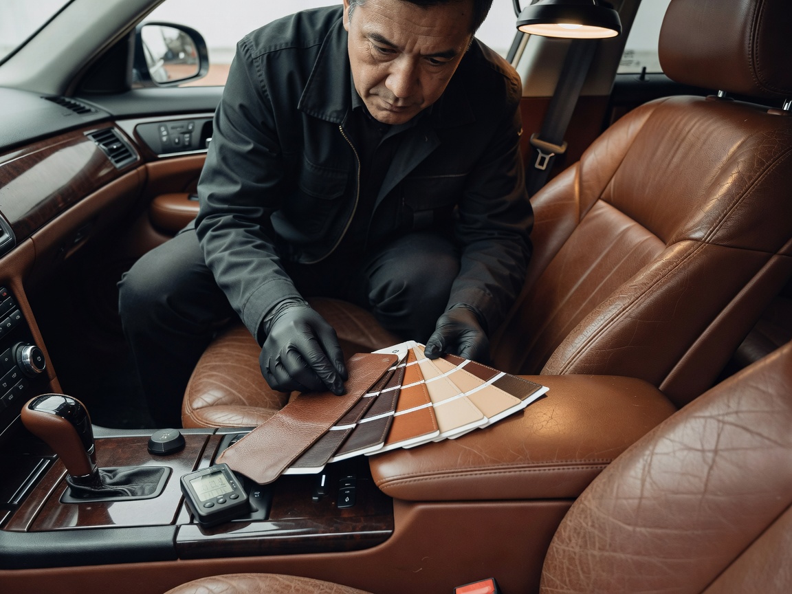 Specialist inspecting vehicle interior leather with color swatch cards and digital hygrometer