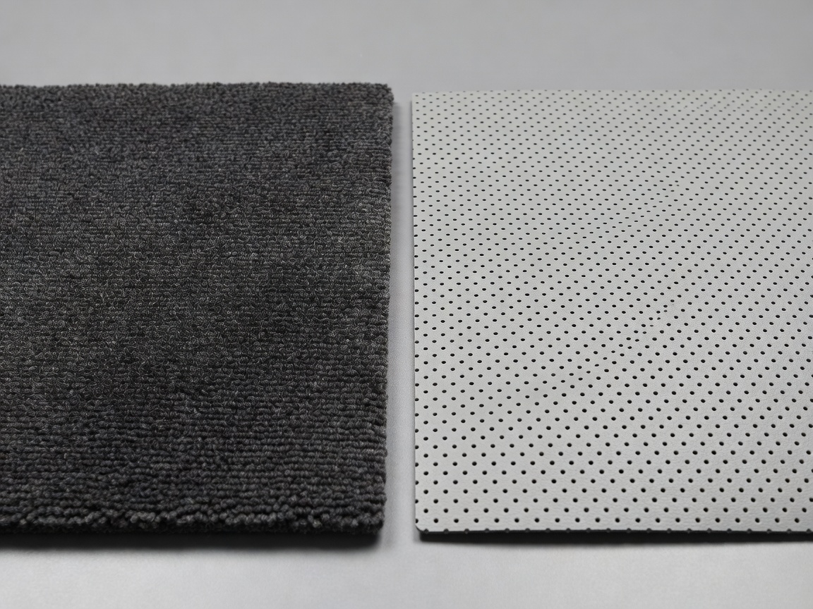 Wilton wool automotive carpet sample alongside perforated vinyl headliner material